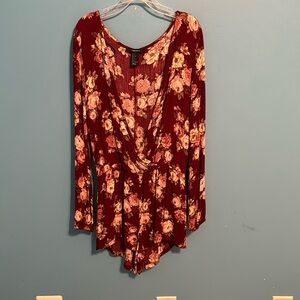 Dark red romper with rose pattern